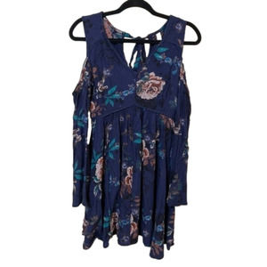 American Rag Navy Floral Cold Shoulder Bell Sleeve Babydoll Dress Size Small
